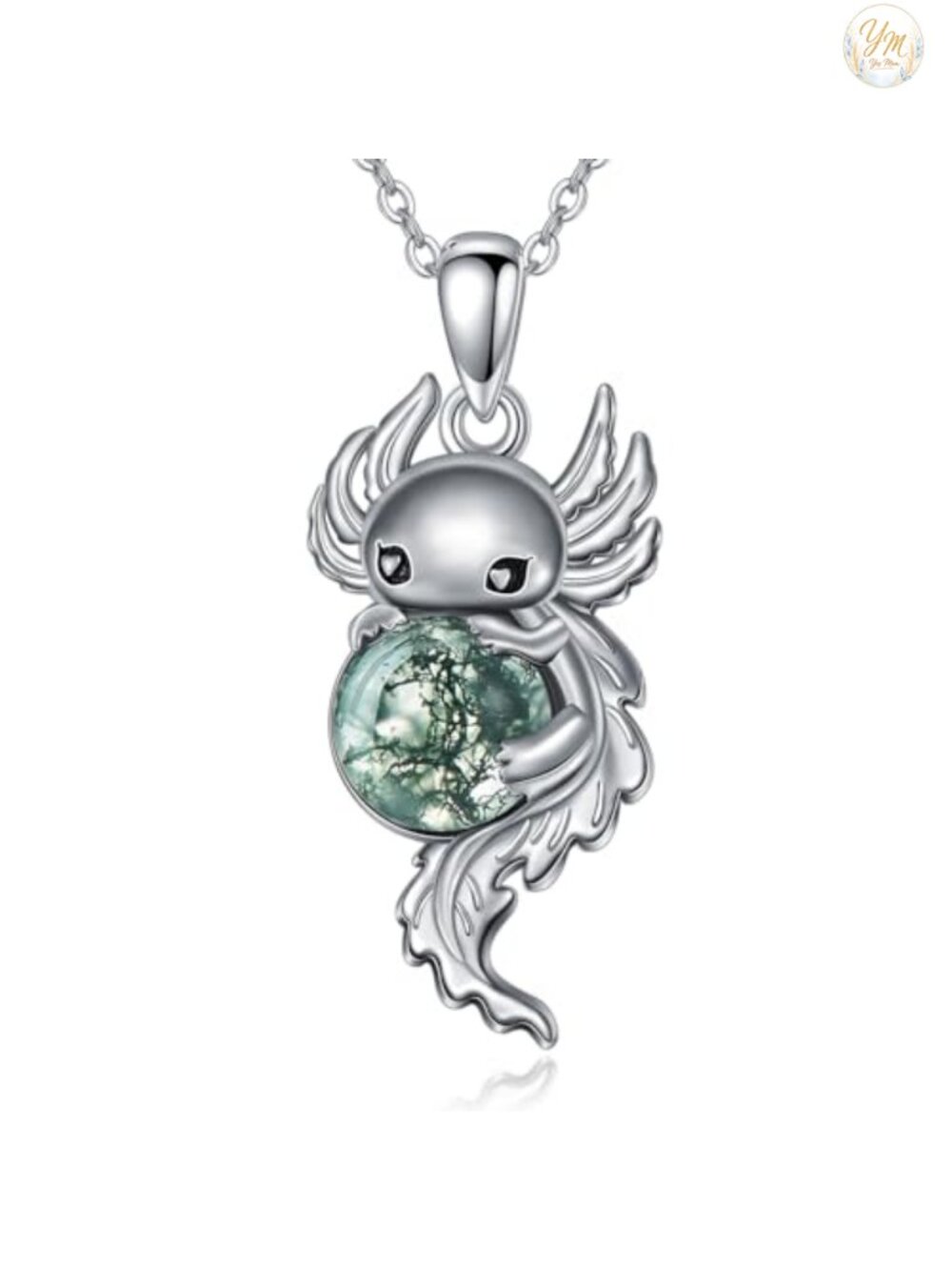 Sterling Silver Moss Agate Axolotl Pendant Necklace Women Men Valentine's Day
